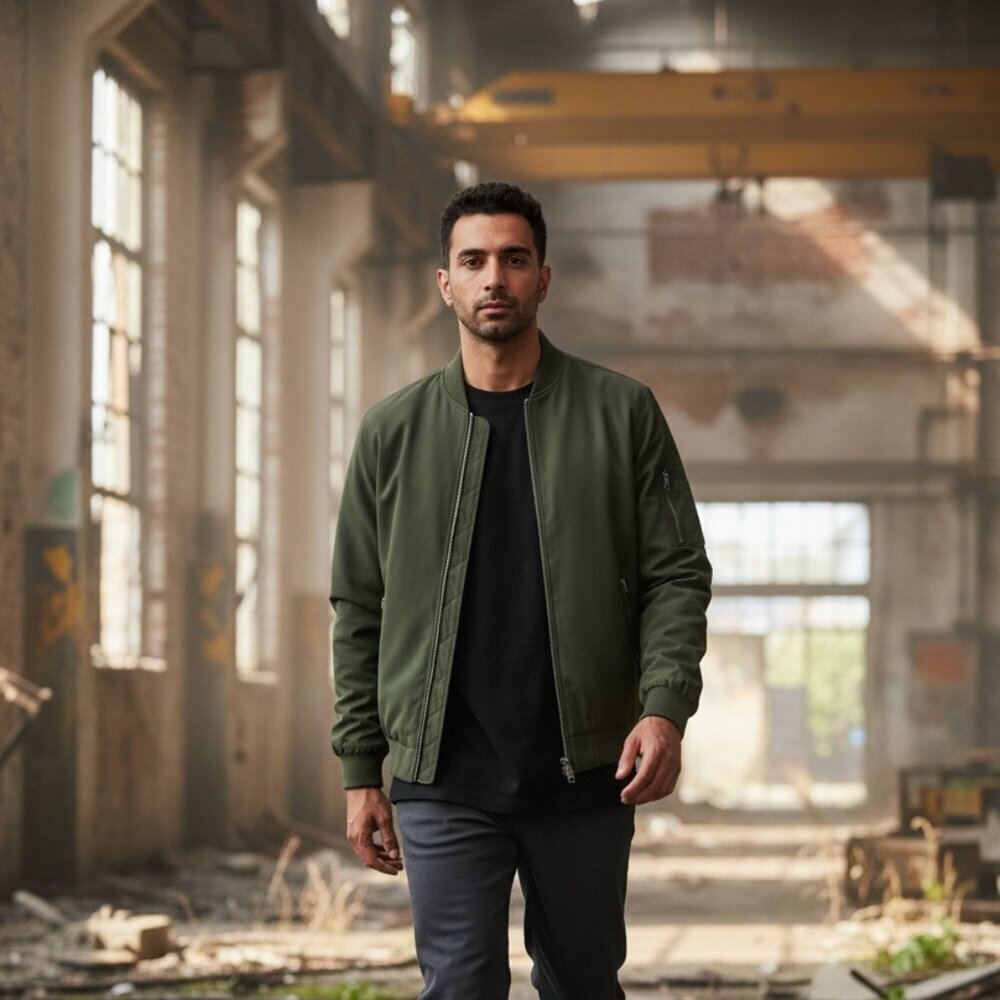 Men's Bomber Lightweight Jacket-Spring Fall Casual Thin Full Zip Army Green Sm